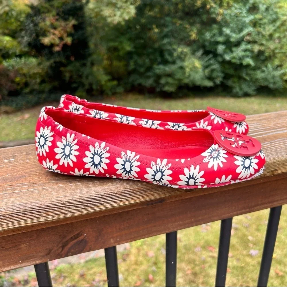 Tory Burch ballet flats red floral daisy